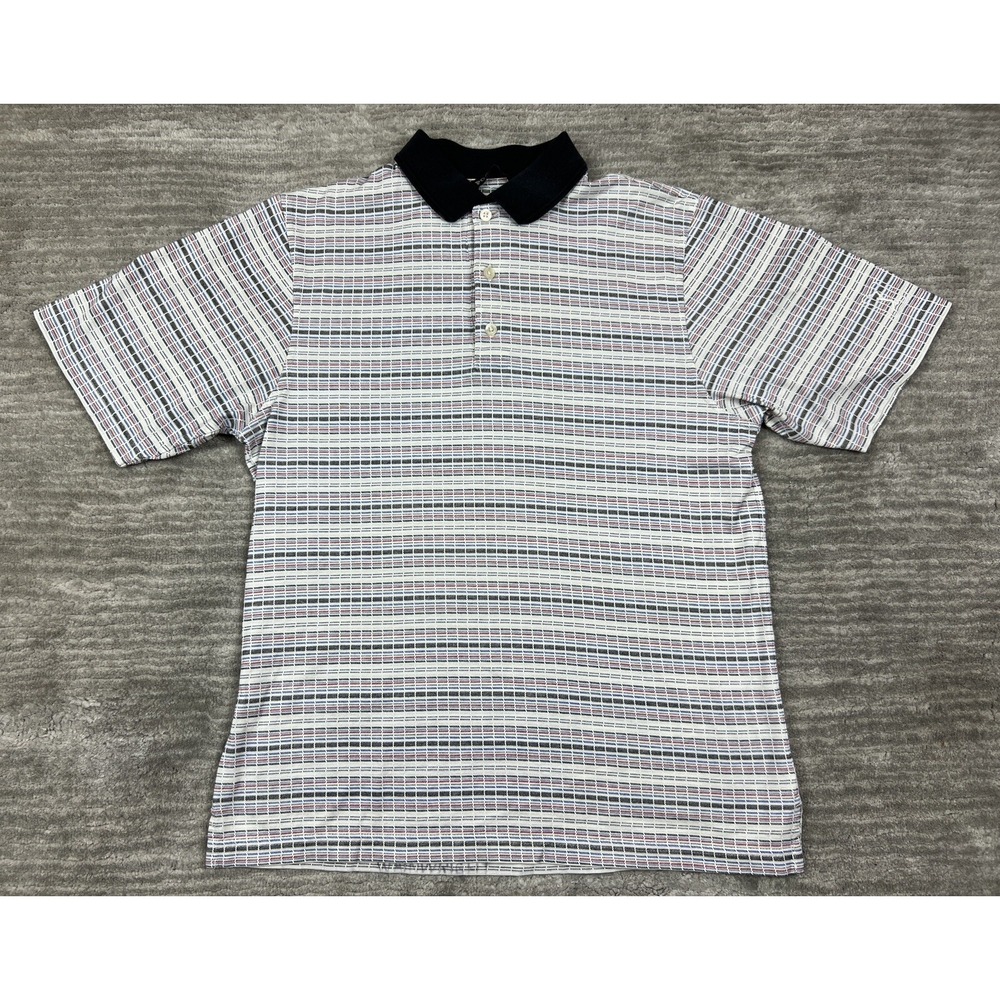 PGA Tour Polo Shirt Mens S White Red Blue Striped Mercerized Cotton Short Sleeve